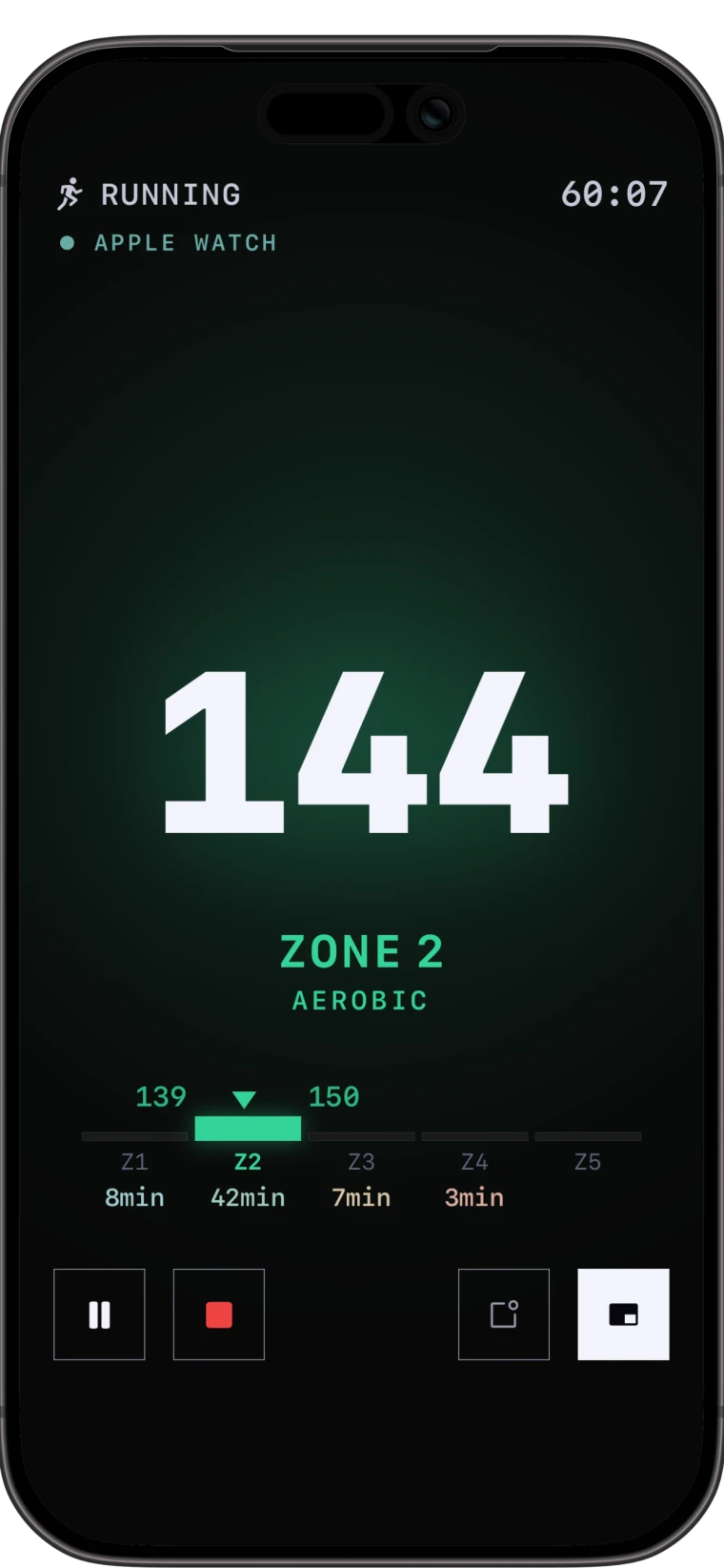 Zonas live workout screen showing 144 BPM in Zone 2, Aerobic